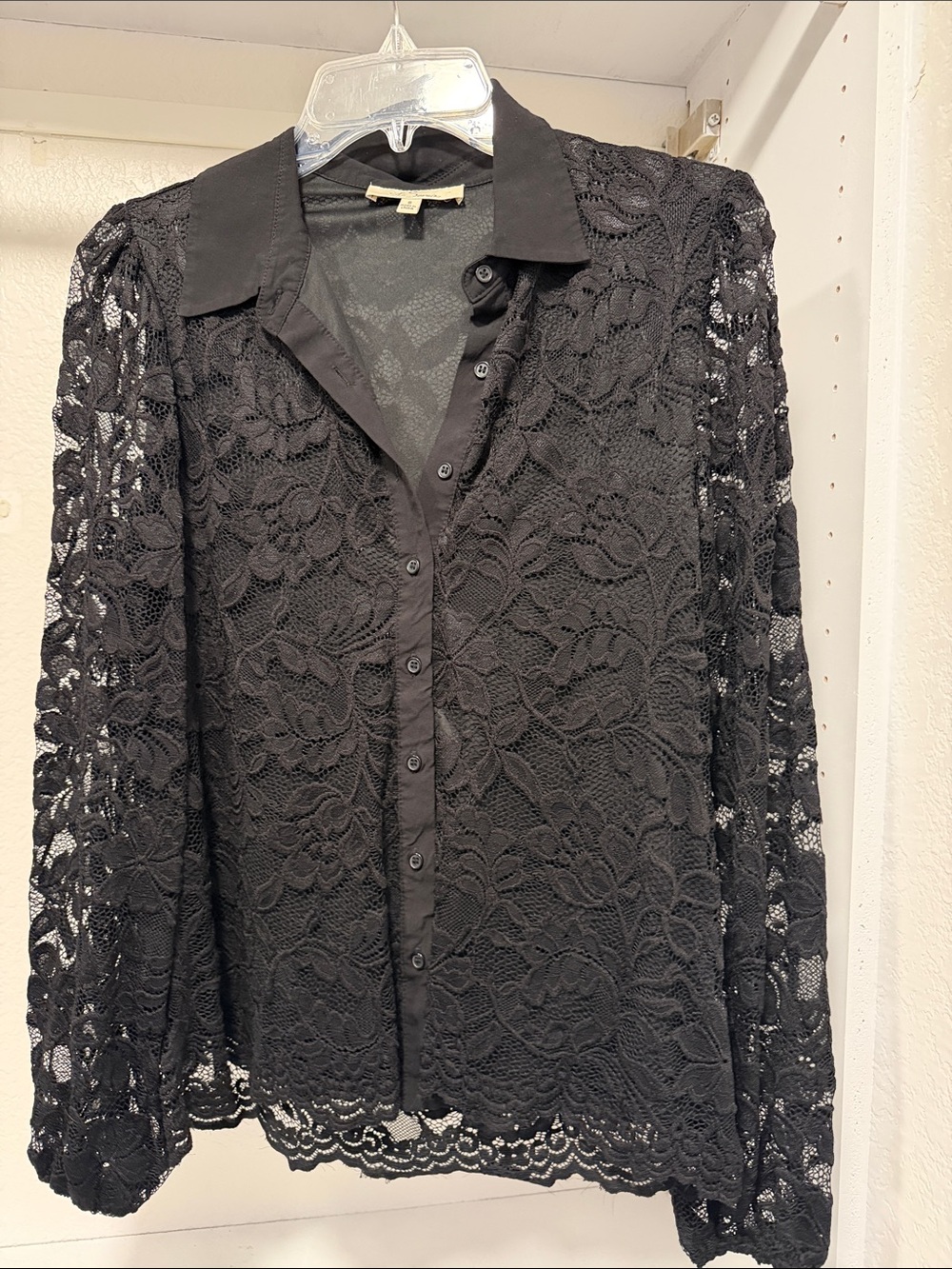 Black Lace Button-Down Blouse with Collar